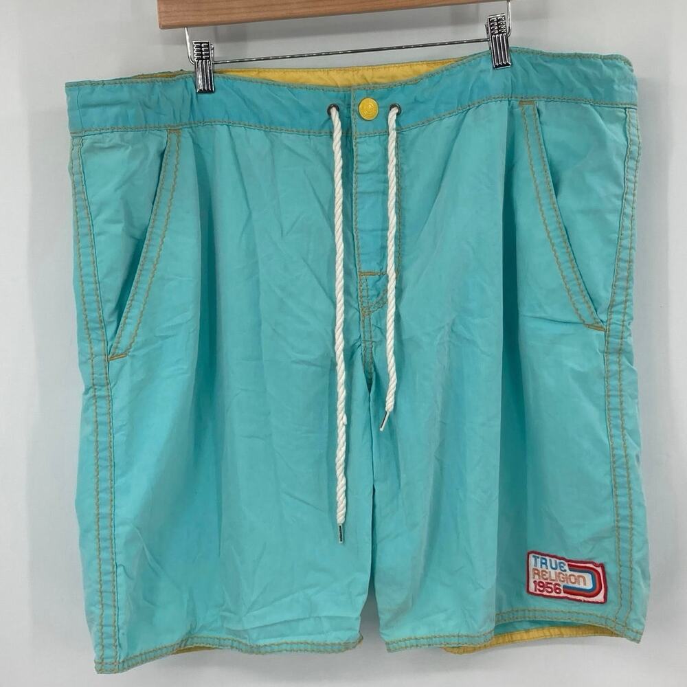 True Religion Board Shorts Embroidered Blue Yellow Y2K Men’s 42 Surf Skater